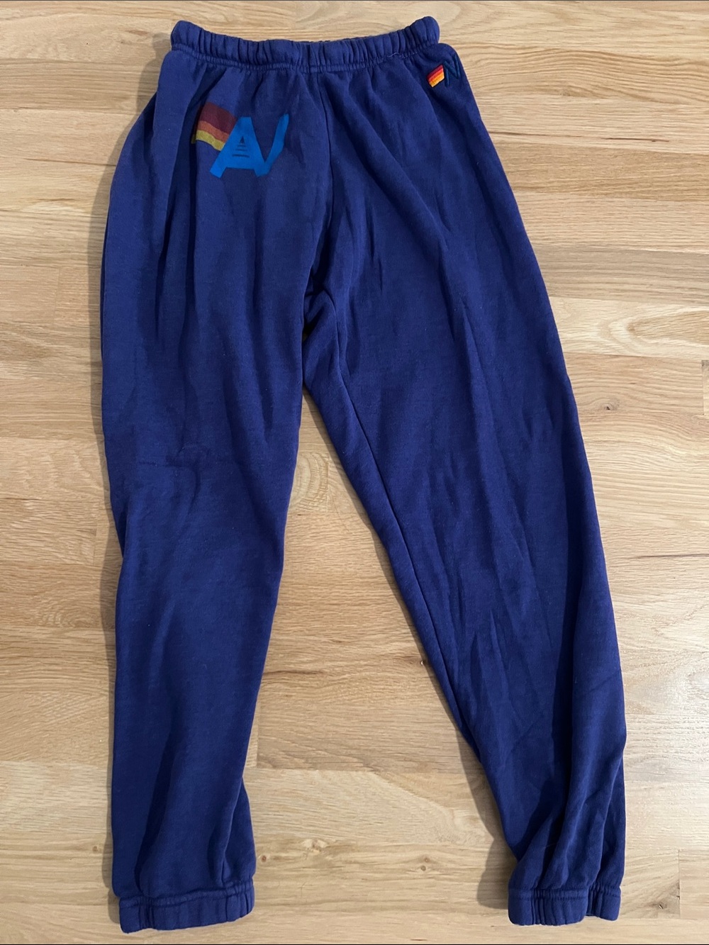 Aviator Nation Navy Blue Track Joggers with Rainbow Stripe Accent